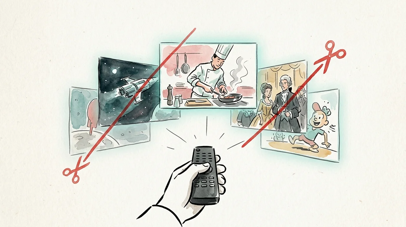 An editorial illustration of a hand holding a TV remote, with a red line cutting through multiple overlapping floating screens.