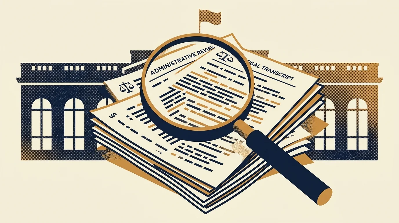 An editorial illustration of a magnifying glass inspecting a legal transcript for an appeals review.