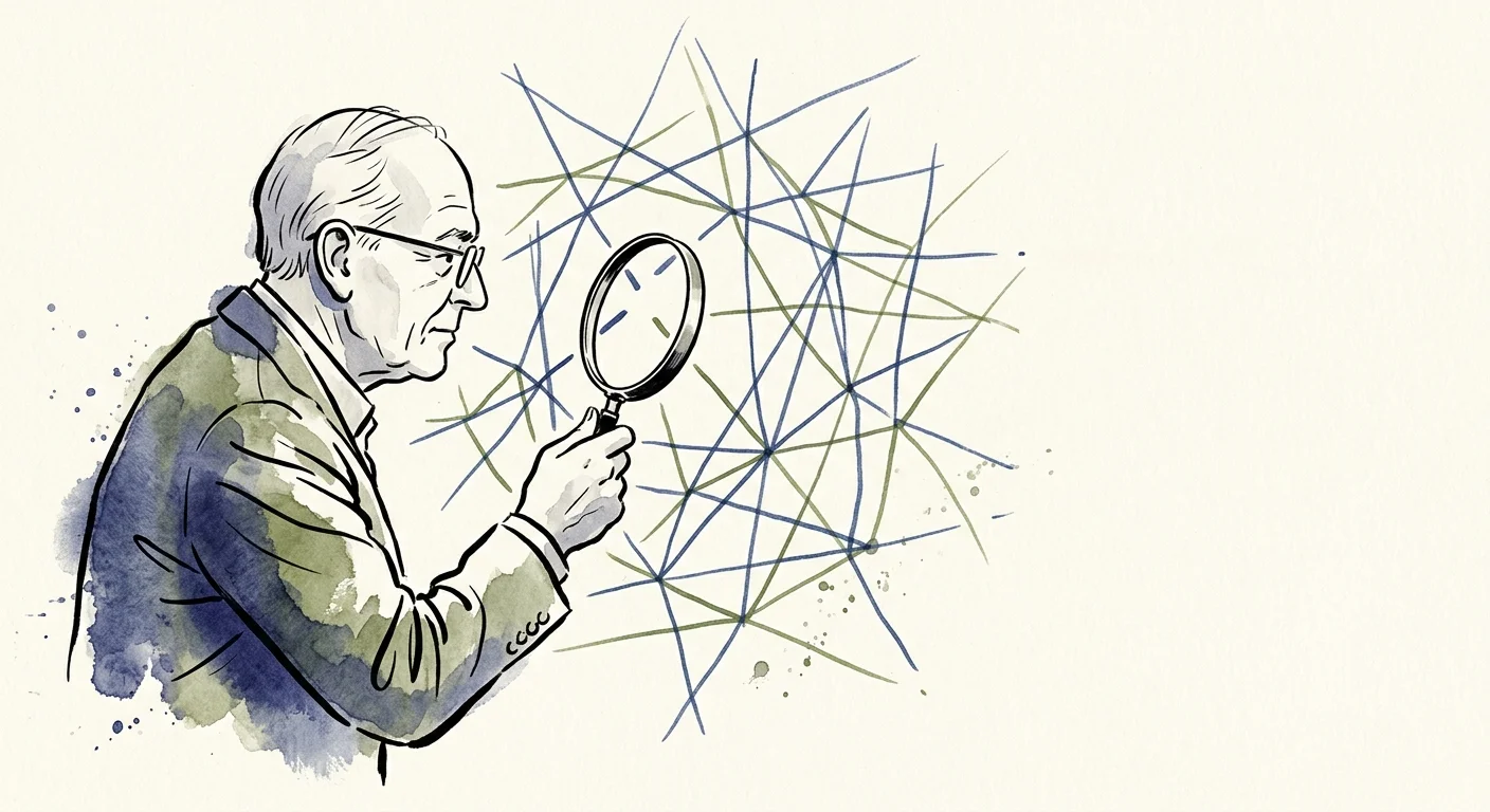 An editorial illustration of a man using a magnifying glass to inspect a web of lines, revealing a hidden disconnection.