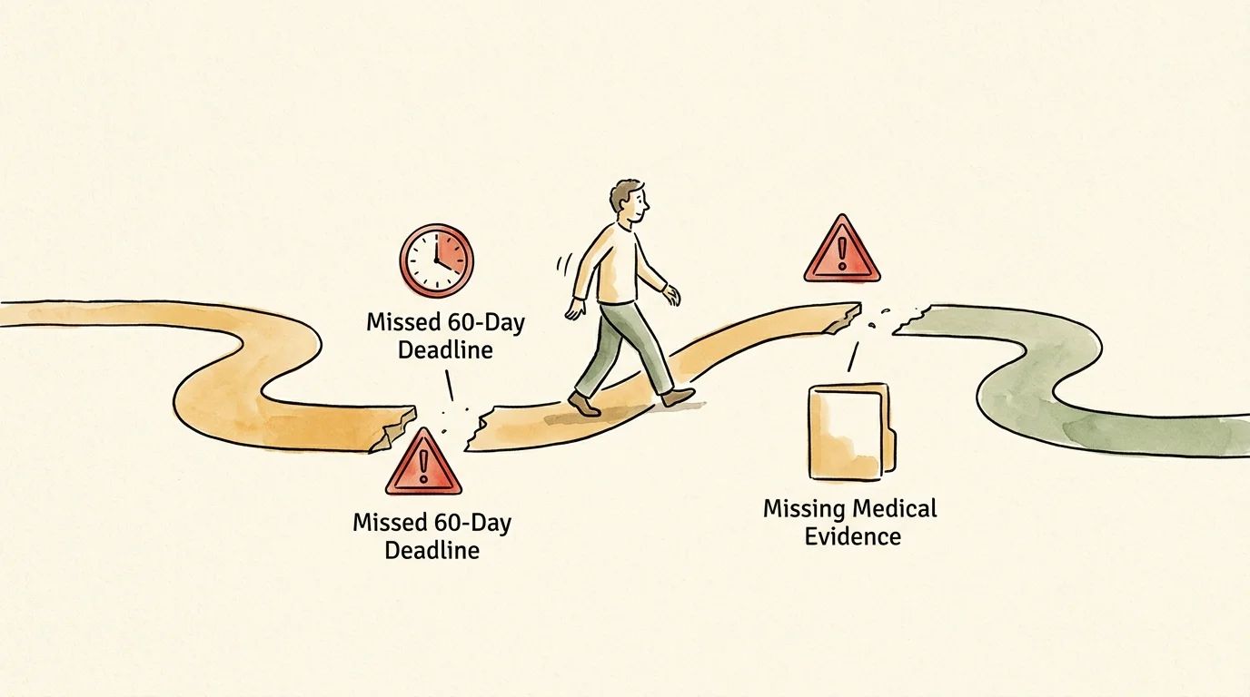 An editorial illustration of a path with warning signs representing pitfalls in the appeals process.