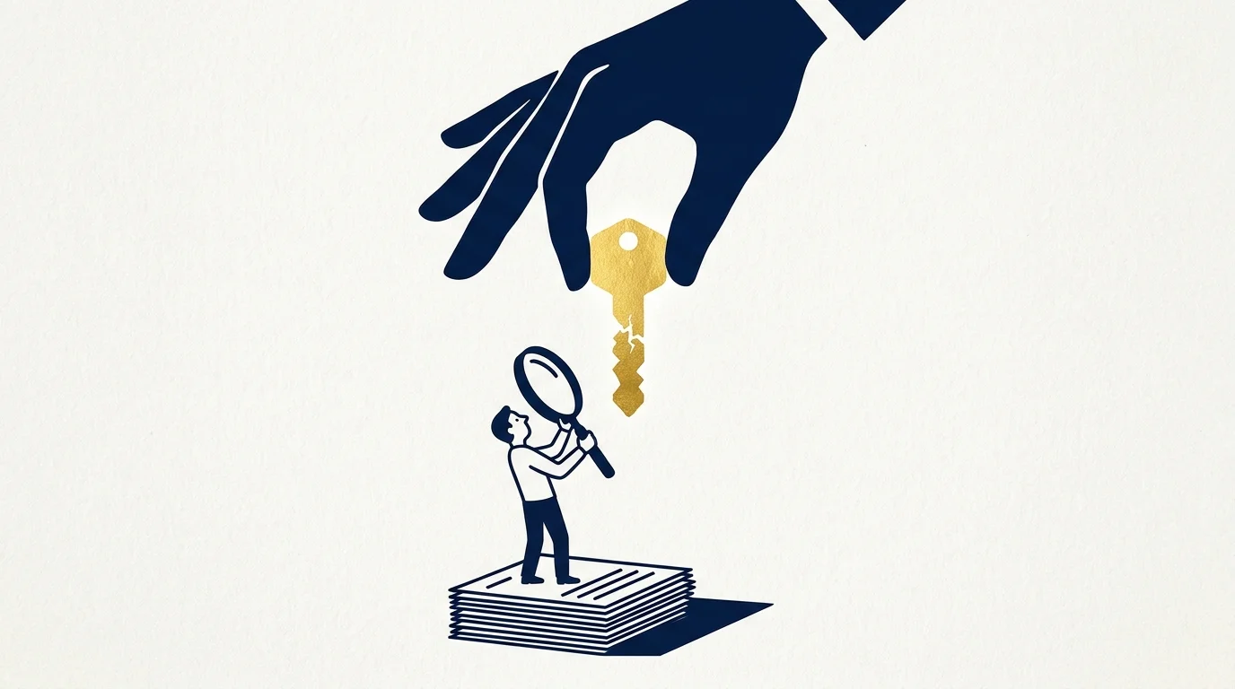 An editorial illustration of a person inspecting a glowing golden key offered by a large shadow hand using a magnifying glass.