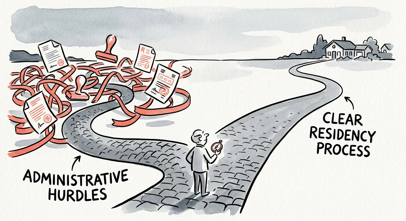 An editorial illustration of a traveler at a fork in a cobblestone road, choosing between a clear path and a maze of red tape.