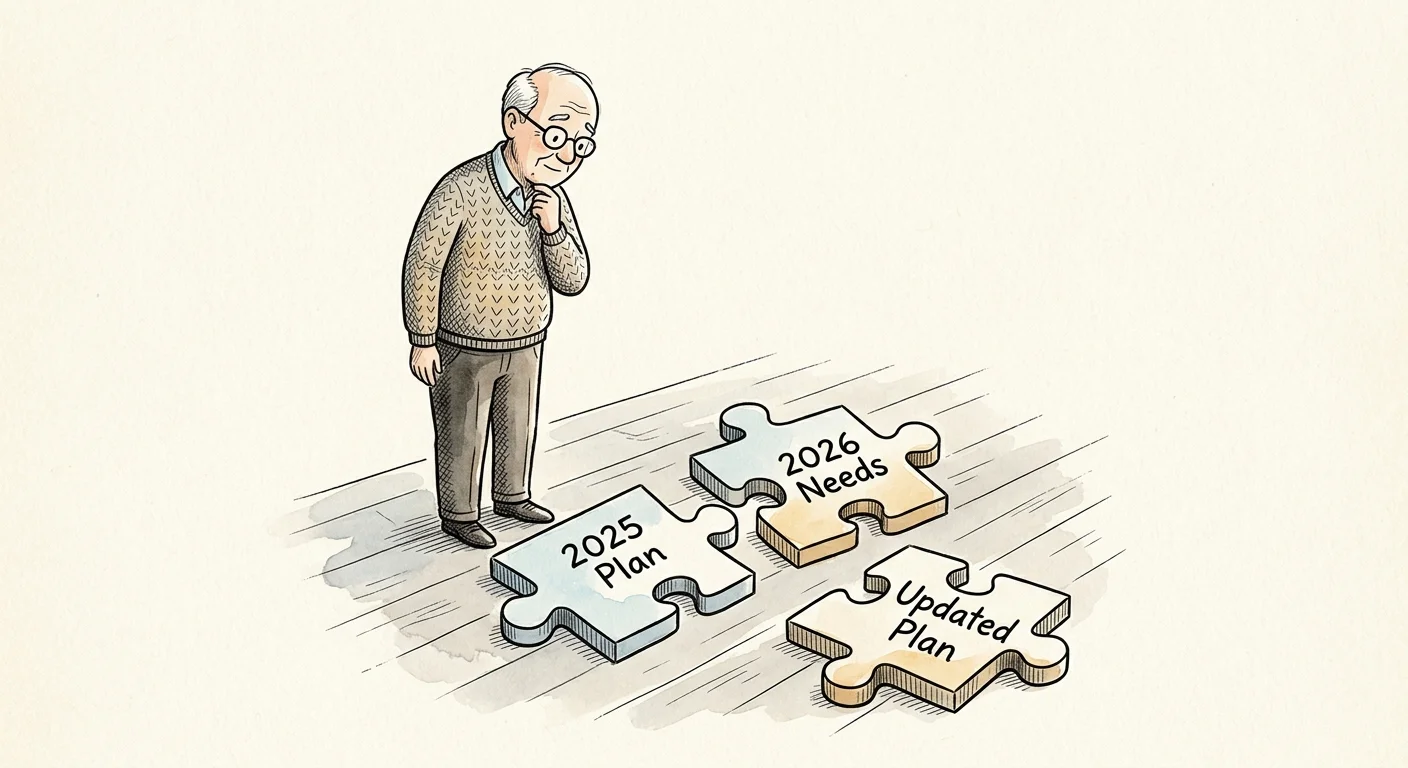 An editorial ink and watercolor illustration of a person matching mismatched puzzle pieces representing old plans and new needs.