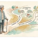 An editorial ink and watercolor illustration of a retired woman contemplating a branching path that winds through a stylized map.