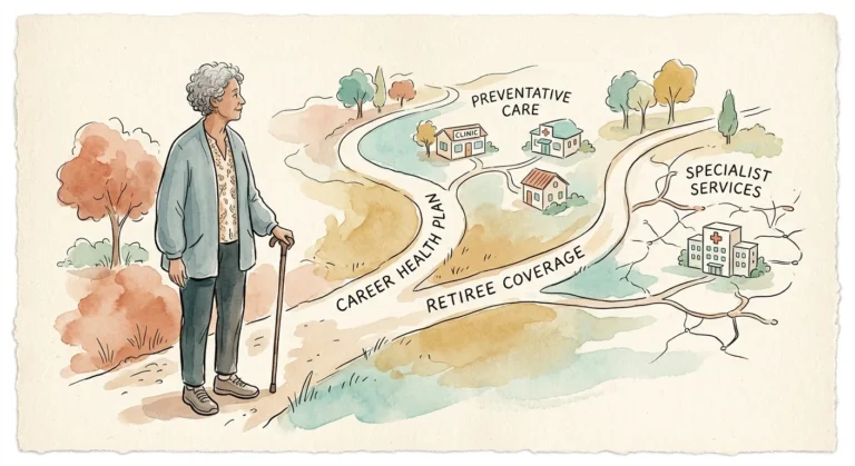 An editorial ink and watercolor illustration of a retired woman contemplating a branching path that winds through a stylized map.