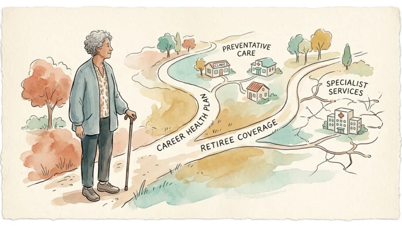 An editorial ink and watercolor illustration of a retired woman contemplating a branching path that winds through a stylized map.