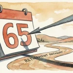 An editorial ink and watercolor illustration of an older adult standing before a giant calendar marked 65, symbolizing Medicare timing.