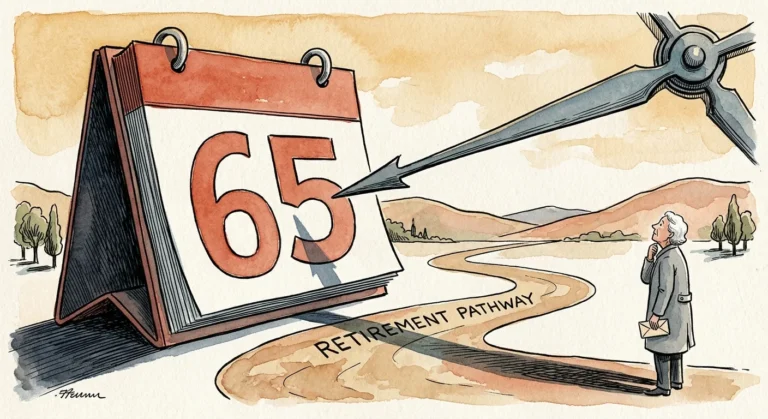 An editorial ink and watercolor illustration of an older adult standing before a giant calendar marked 65, symbolizing Medicare timing.