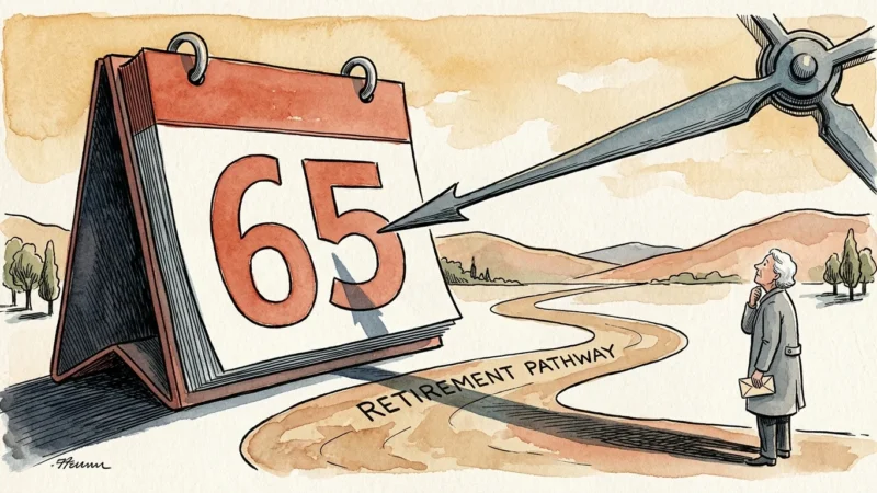 An editorial ink and watercolor illustration of an older adult standing before a giant calendar marked 65, symbolizing Medicare timing.