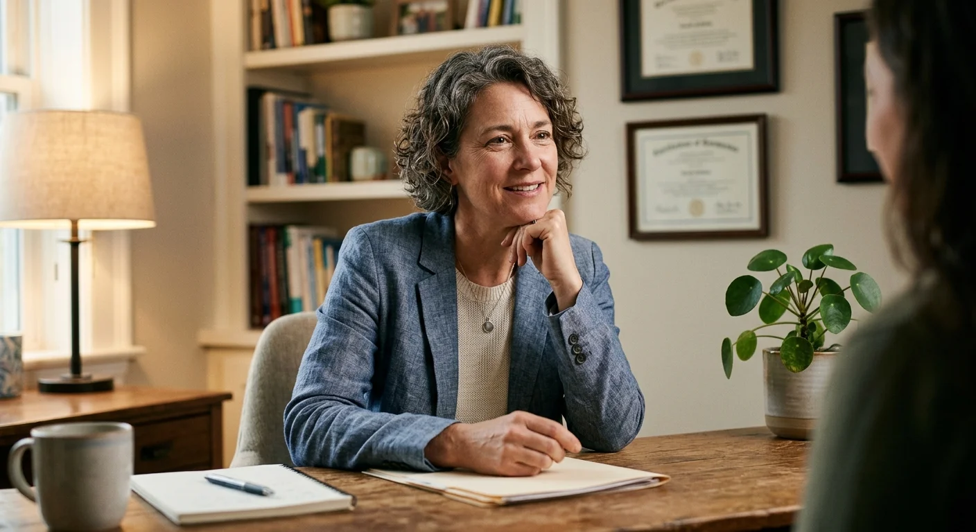An editorial portrait of a welcoming female financial advocate leaning forward at her desk to speak with a client.