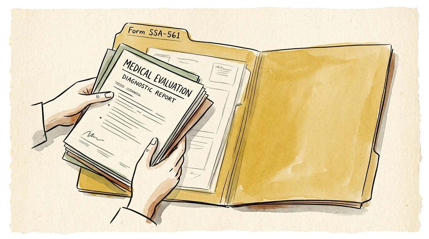 An editorial watercolor illustration of a document folder being updated with new medical files.