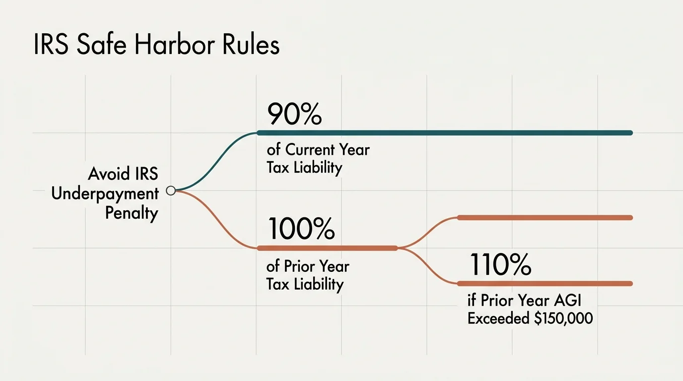 An elegant, horizontal flow diagram detailing the IRS Safe Harbor Rules for avoiding underpayment penalties.