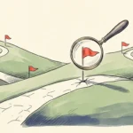 An elegant watercolor and ink illustration of a peaceful retirement pathway with subtle red warning flags and a magnifying glass.