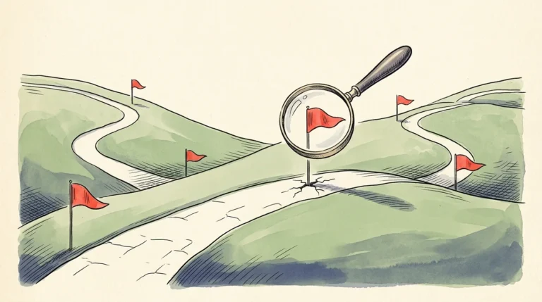 An elegant watercolor and ink illustration of a peaceful retirement pathway with subtle red warning flags and a magnifying glass.