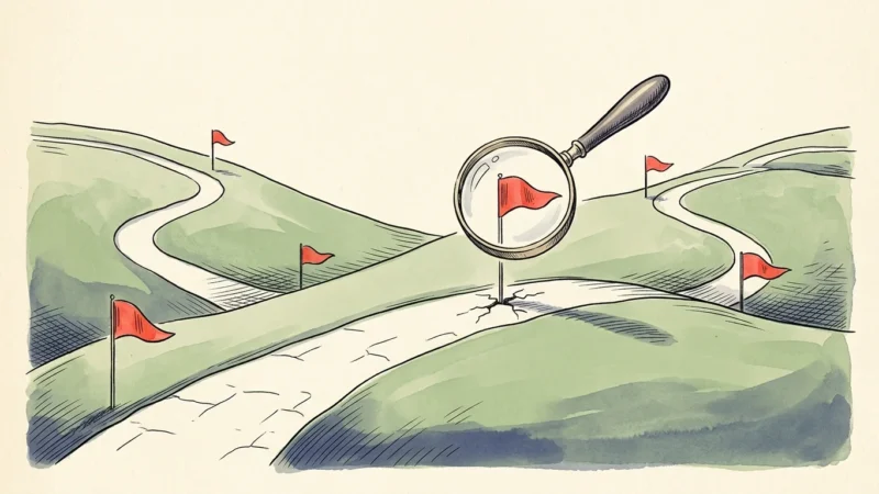 An elegant watercolor and ink illustration of a peaceful retirement pathway with subtle red warning flags and a magnifying glass.