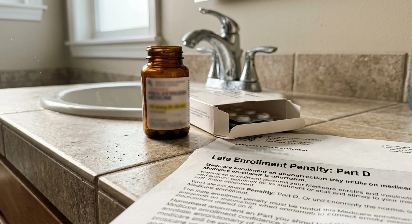 An everyday home scene showing a prescription medicine bottle and a Medicare statement on a bathroom counter.