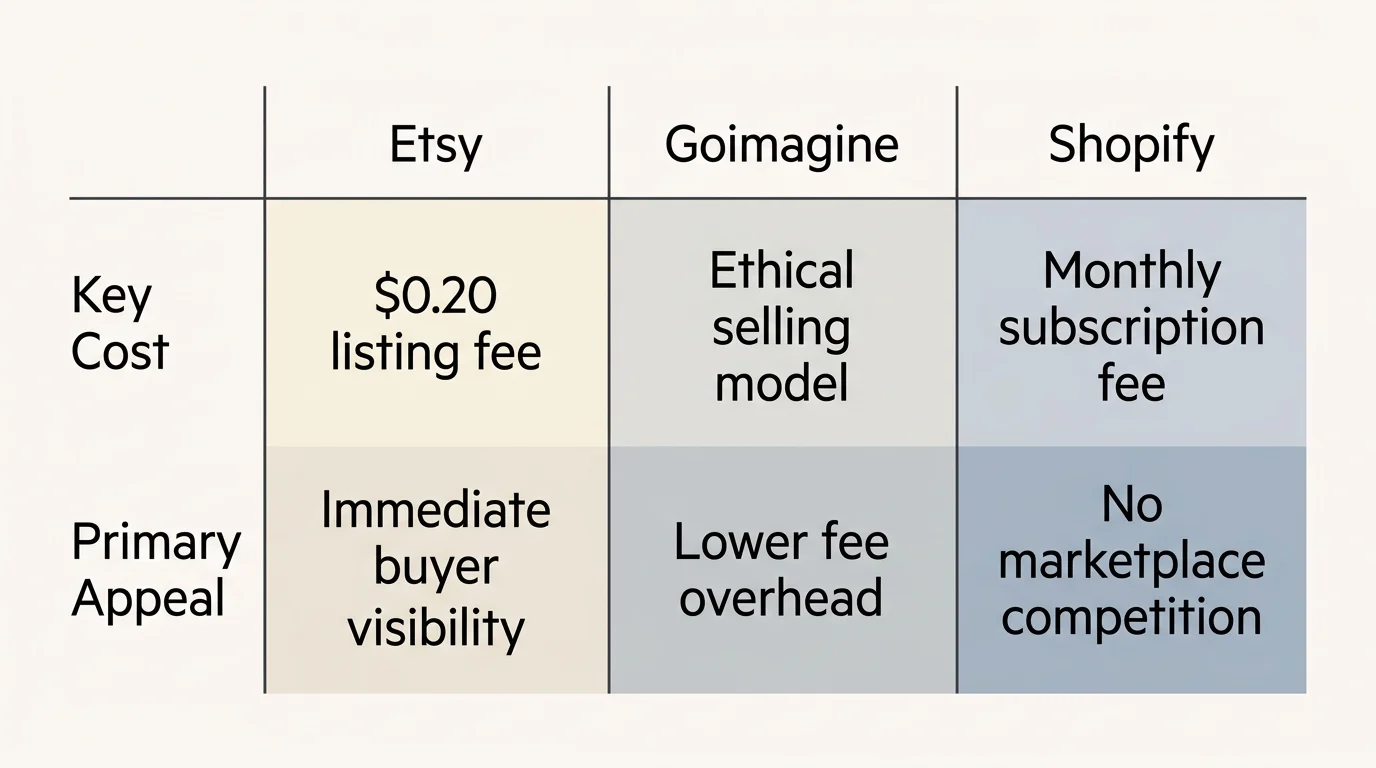 An FT-style data chart comparing the key costs and primary appeals of Etsy, Goimagine, and Shopify.