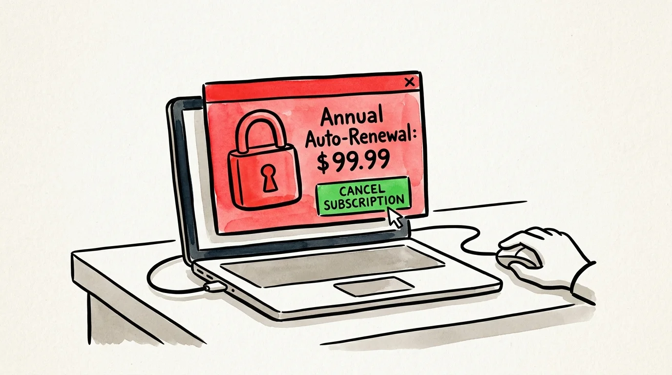 An illustration of a laptop showing an auto-renewal pop-up for $99.99, with a cursor clicking a green cancel button.