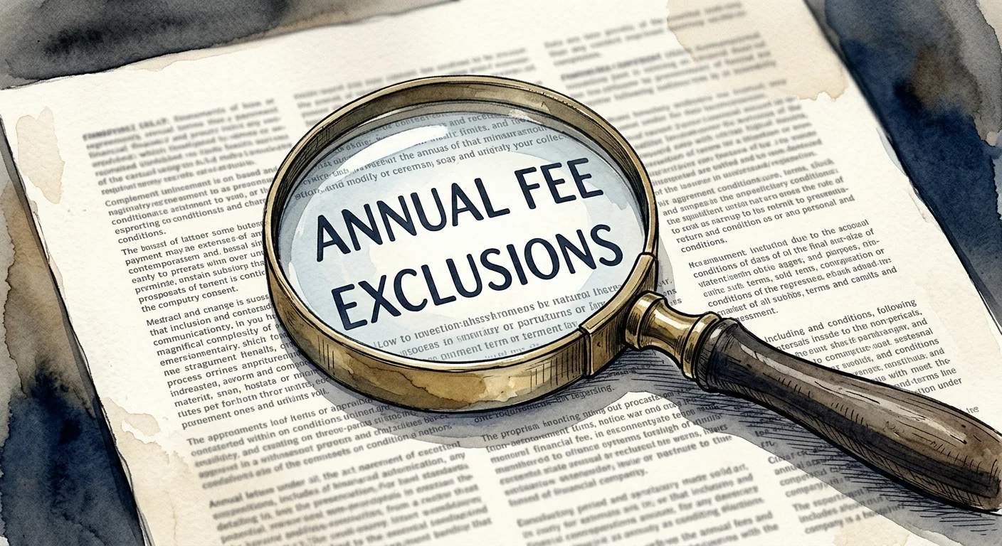 An illustration of a magnifying glass highlighting 'Annual Fee' in fine print, symbolizing card pitfalls.