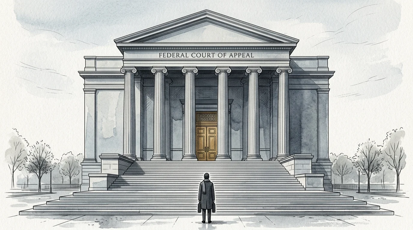 An illustration of a monumental federal courthouse with a single person looking up the steps.
