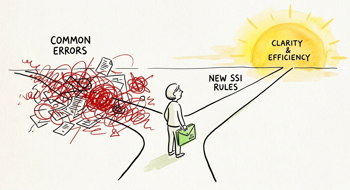 An illustration of a path splitting into a tangled road of errors versus a clean path to new SSI rules.