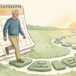An illustration of a retired man stepping off a calendar page onto green stepping stones labeled Special Enrollment.