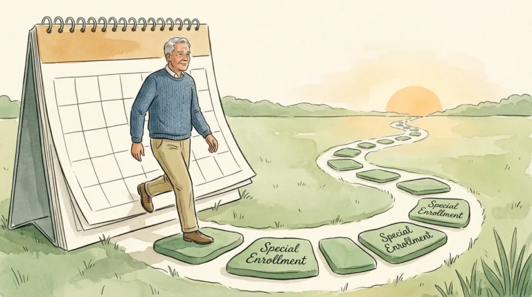 An illustration of a retired man stepping off a calendar page onto green stepping stones labeled Special Enrollment.