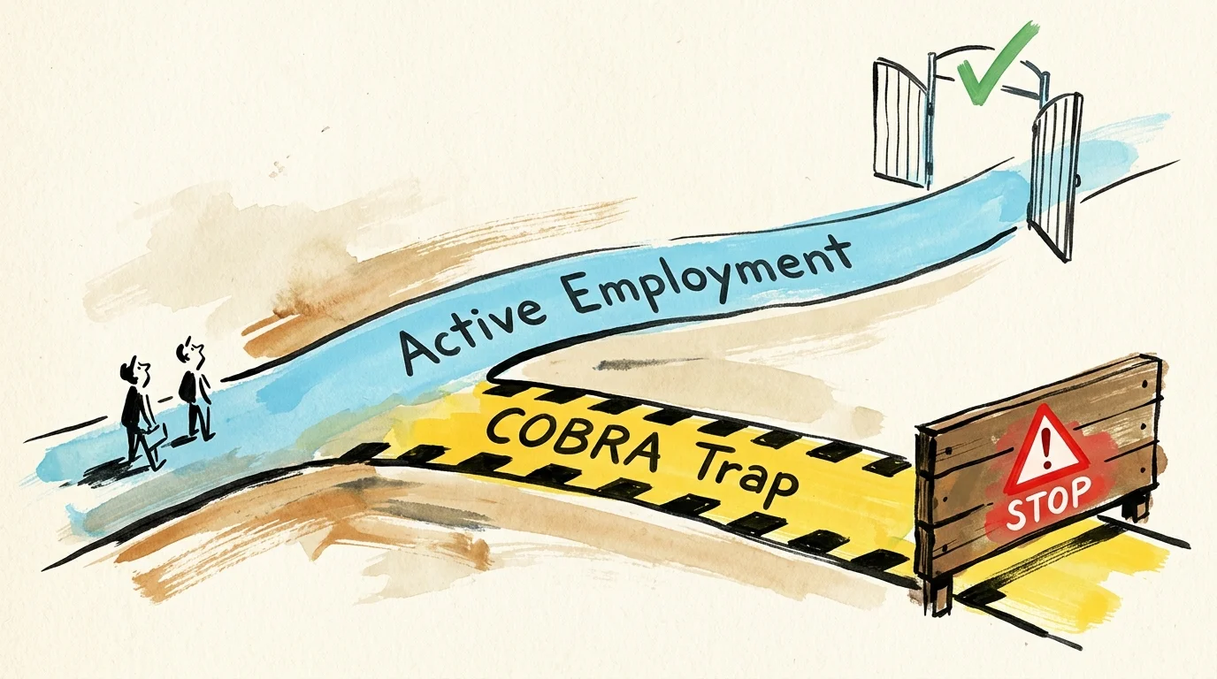 An illustration of a split road showing a safe path labeled Active Employment and a dead-end path labeled COBRA Trap.