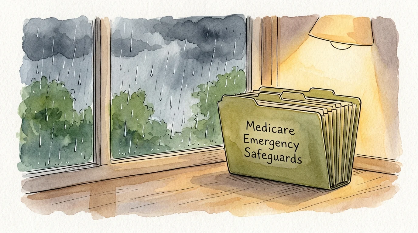 An illustration of an organized folder labeled Medicare Emergency Safeguards on a windowsill on a rainy day.