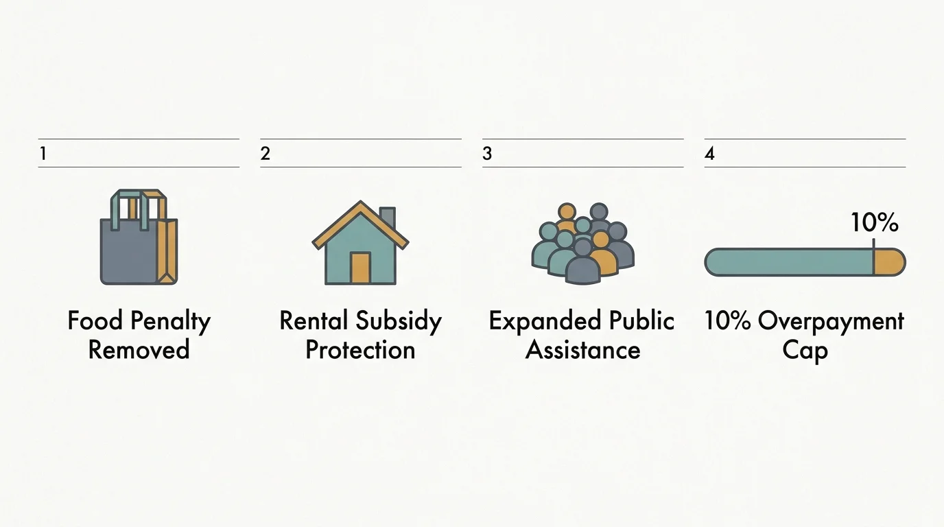 An infographic chart displaying four key SSI updates: food penalty removal, rent protection, public assistance, and a 10% overpayment cap.