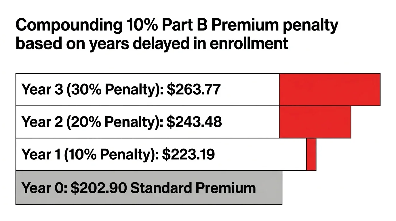 An infographic chart showing how the standard $202.90 Medicare Part B premium increases with compounding 10% annual late penalties.