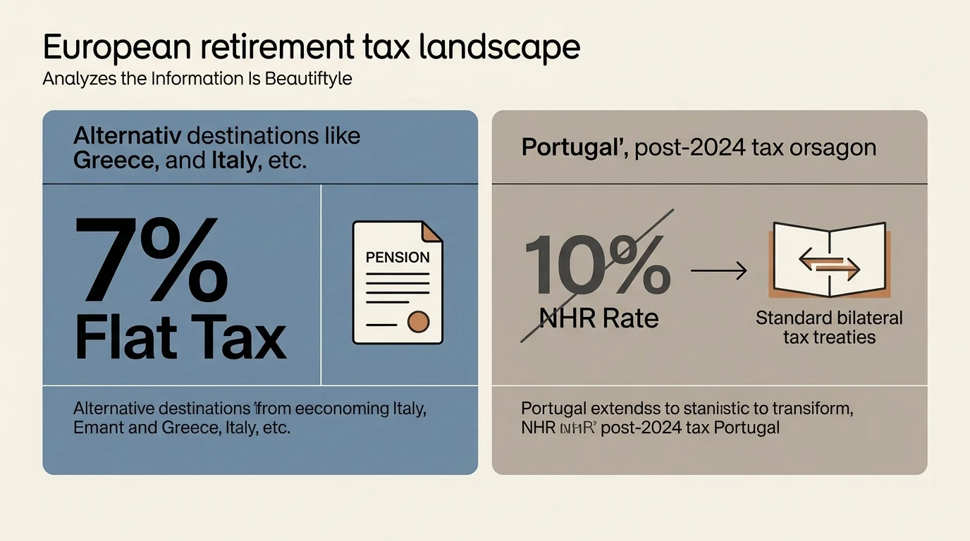 An infographic comparing the flat 7% tax rate option in Greece and Italy against Portugal's updated post-NHR tax rules.