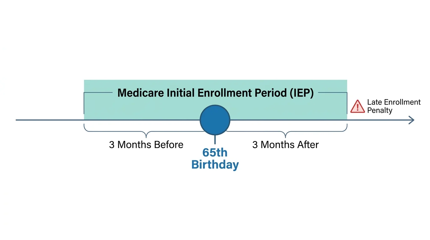 An infographic showing the 7-month Medicare Initial Enrollment Period surrounding a person's 65th birthday.