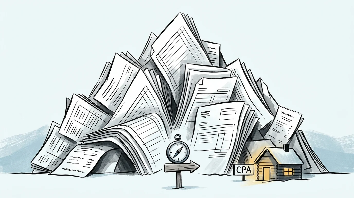 An ink and gouache illustration of a massive mountain of tax paperwork with a compass pointing toward a warm professional tax advisor's cabi