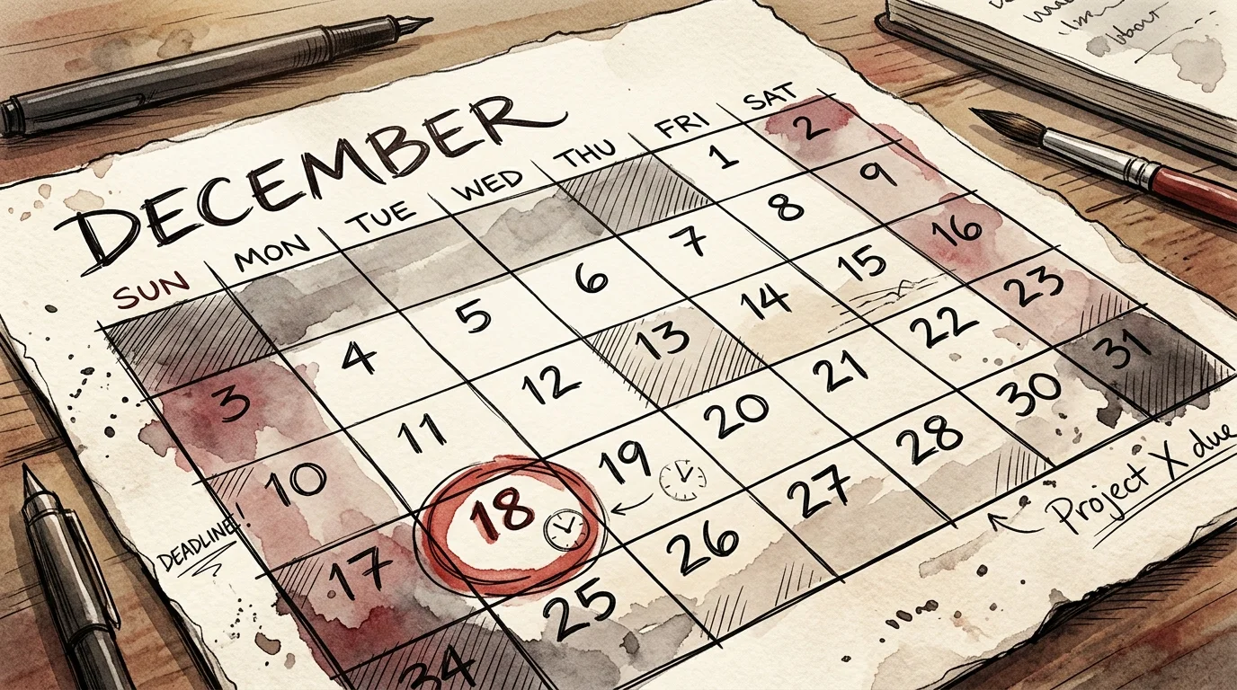 An ink and watercolor drawing of a calendar with a red warning circle around an enrollment deadline.