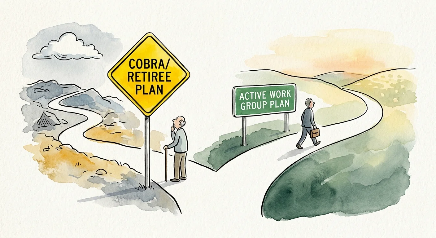 An ink and watercolor drawing of a fork in a retirement road, warning against the COBRA pitfall.
