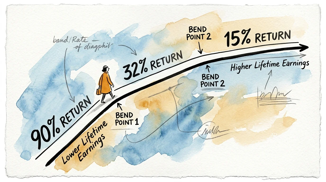 An ink and watercolor drawing of a path bending at two points to illustrate progressive Social Security benefit formulas.