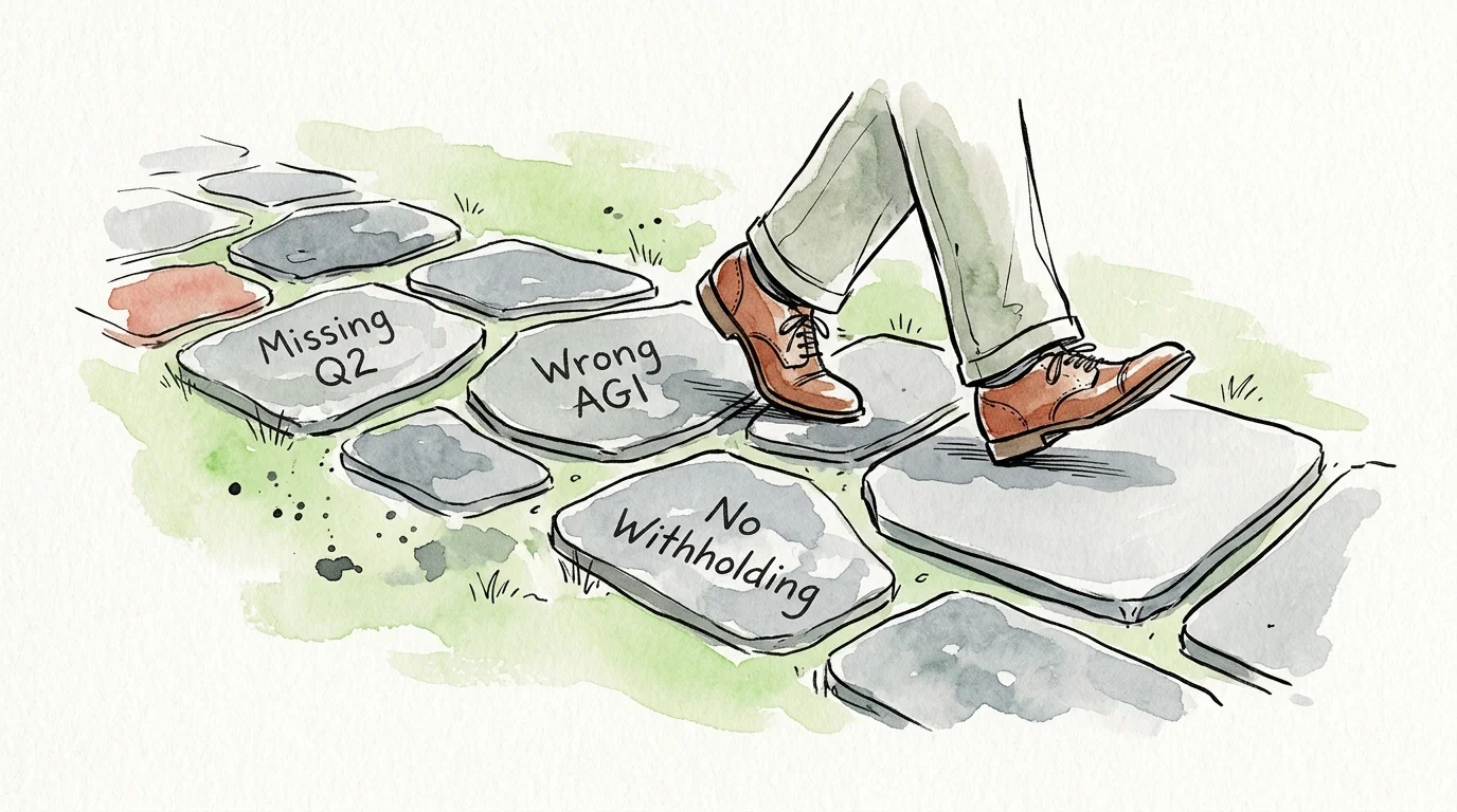 An ink and watercolor drawing of a person walking a garden path, carefully stepping over flagstones labeled with common tax planning errors.