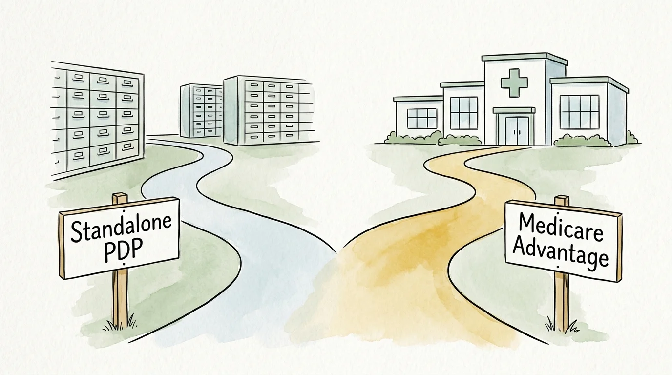 An ink and watercolor editorial illustration depicting two diverging paths labeled Standalone PDP and Medicare Advantage.