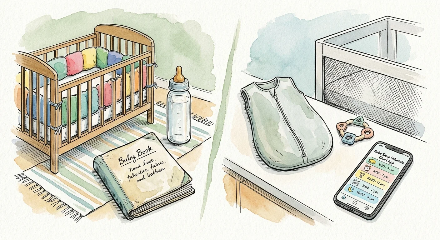 An ink and watercolor illustration comparing vintage 1980s baby items with modern pediatric safety gear.