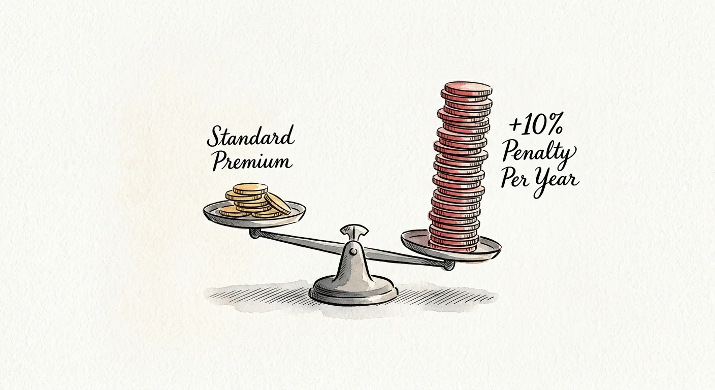An ink and watercolor illustration of a balance scale tipped heavily by a stack of coins labeled "+10% Penalty Per Year".