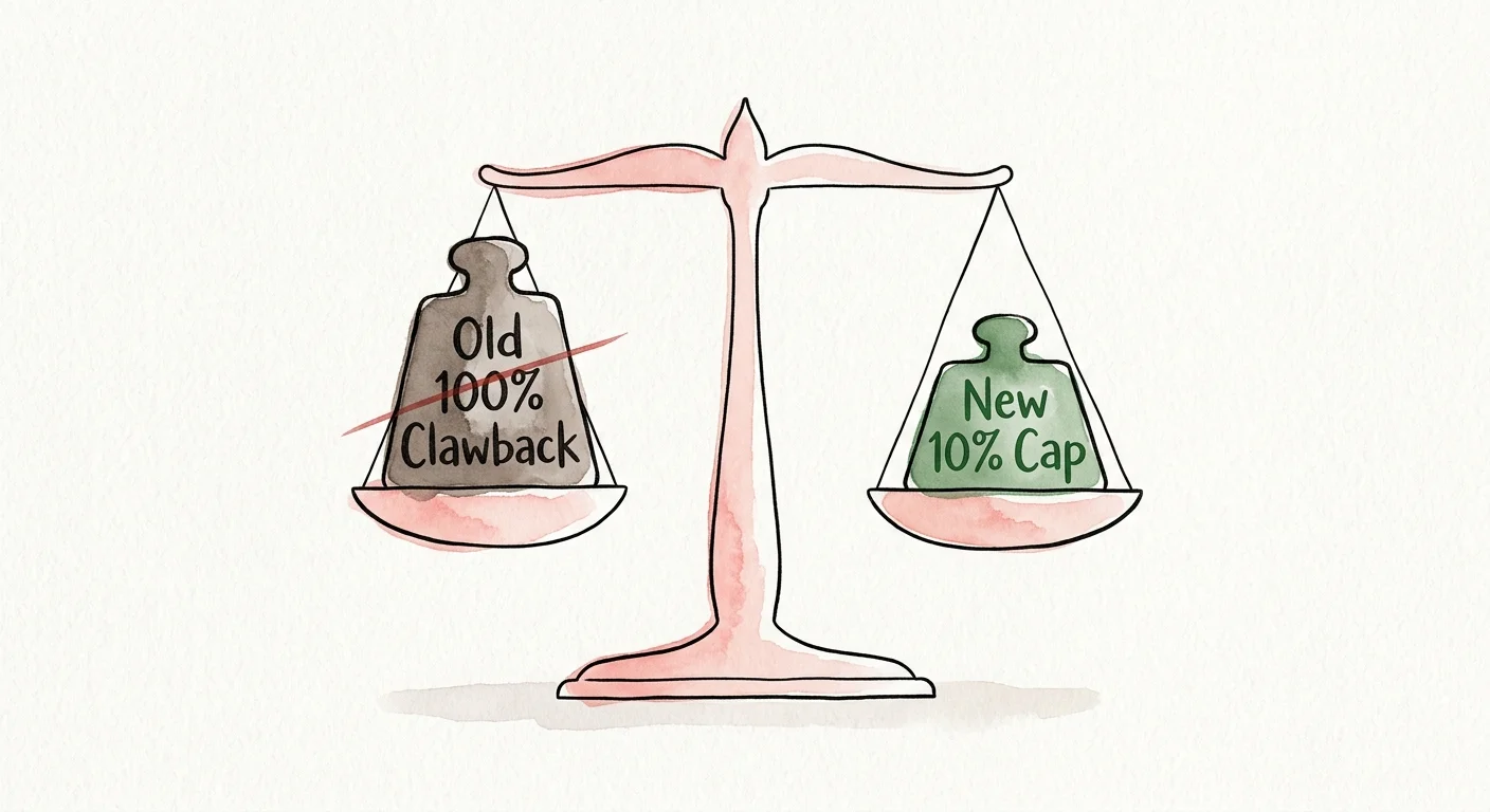 An ink and watercolor illustration of a balanced scale showing a 100% clawback crossed out and replaced by a fair 10% cap.