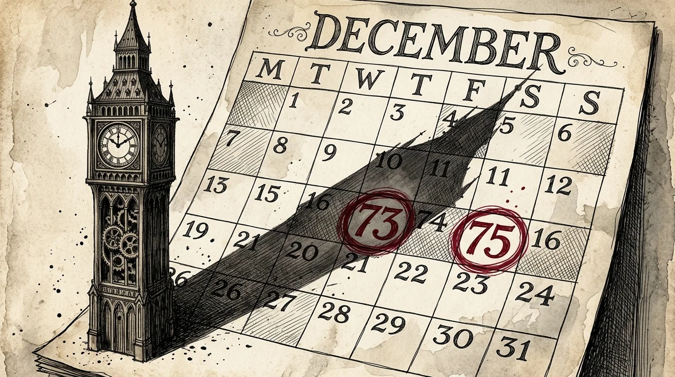 An ink and watercolor illustration of a calendar with the ages 73 and 75 circled in red, next to a classic clock tower shadow.
