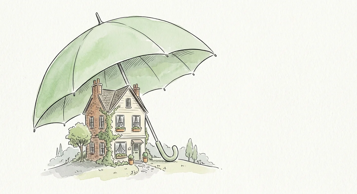 An ink and watercolor illustration of a cozy cottage apartment sheltered under a large, protective green umbrella.
