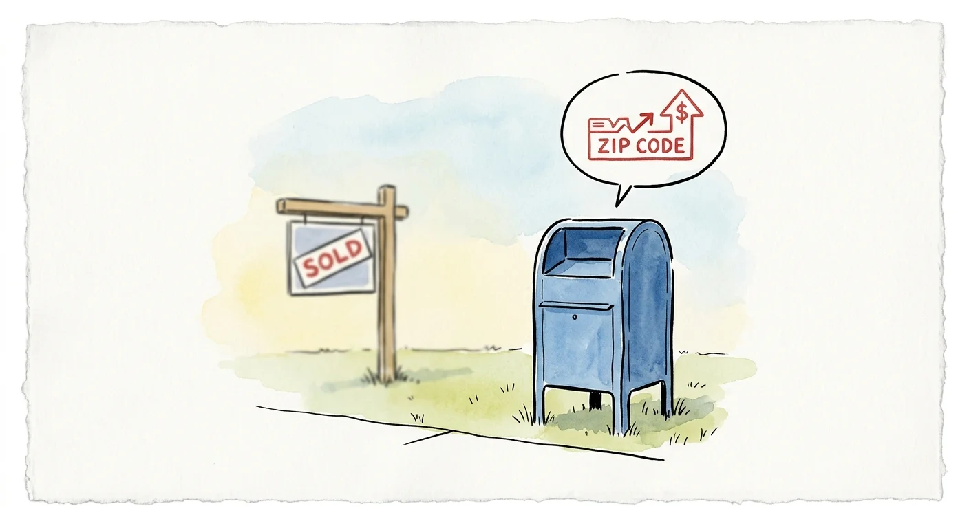 An ink and watercolor illustration of a curbside mailbox with a zip code bubble, representing Medigap zip code premium changes.