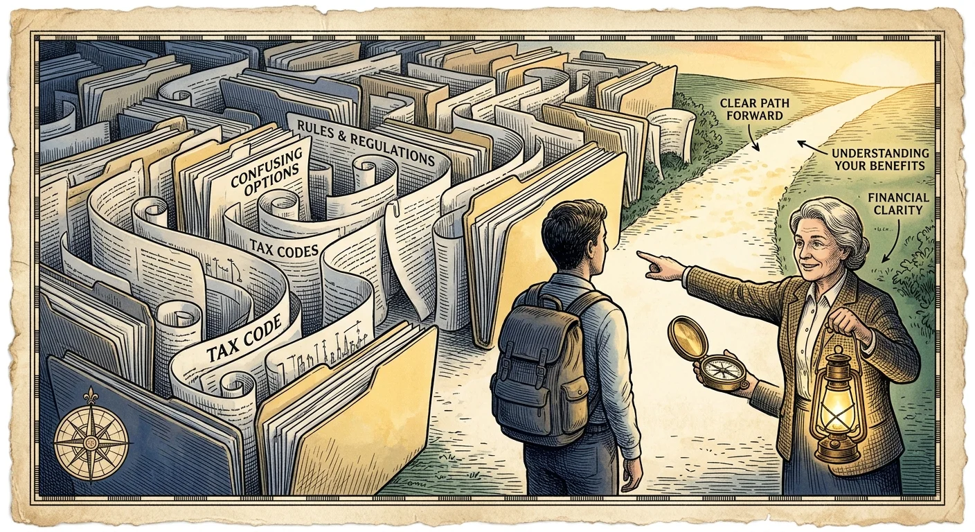 An ink and watercolor illustration of a guide with a compass helping a traveler navigate a labyrinth of paperwork.