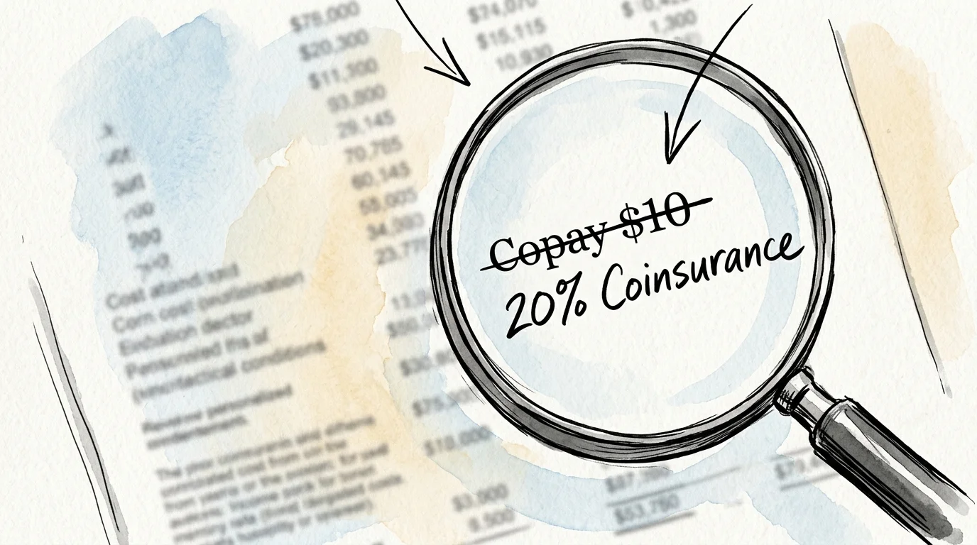 An ink and watercolor illustration of a magnifying glass highlighting a change from a flat copay to percentage coinsurance.