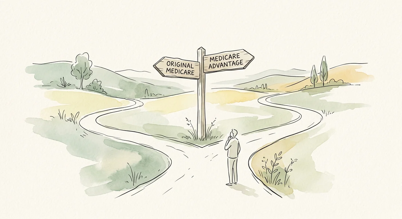 An ink-and-watercolor illustration of a path dividing into two routes marked Original Medicare and Medicare Advantage.