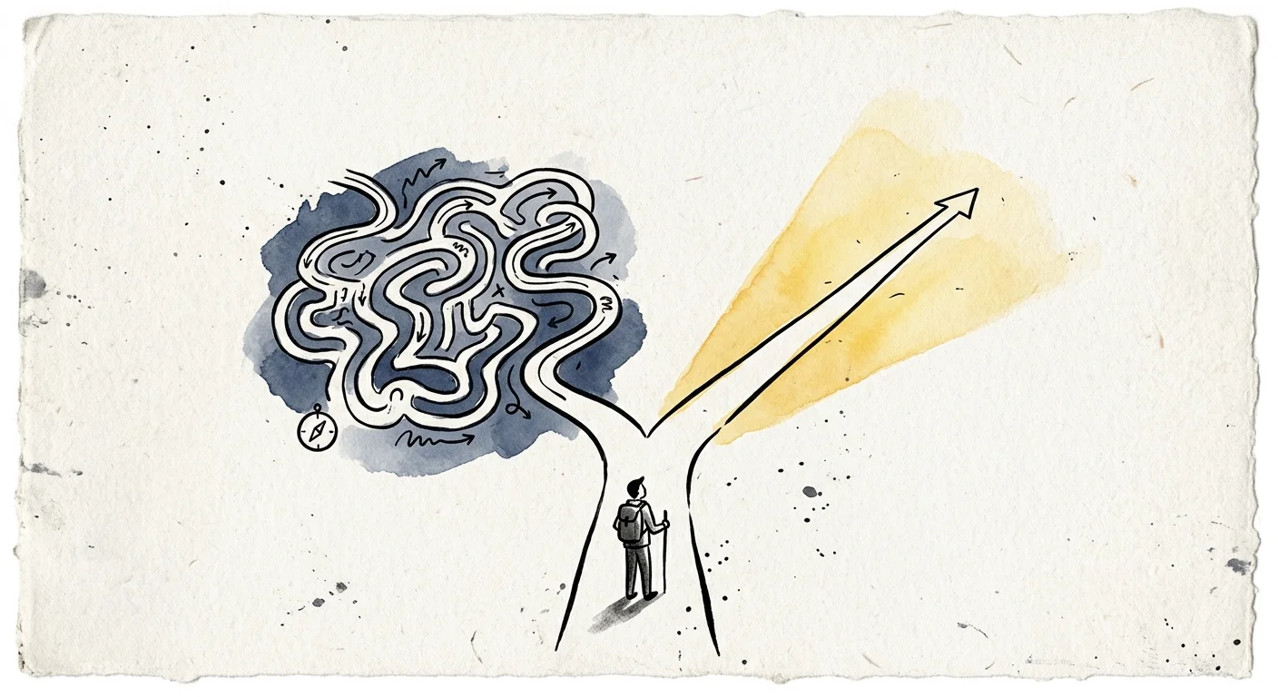 An ink and watercolor illustration of a path splitting into a complex maze and a straight, illuminated route.