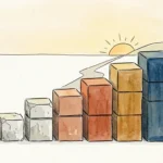 An ink and watercolor illustration of a rising block graph representing lifetime earnings building a path toward retirement.
